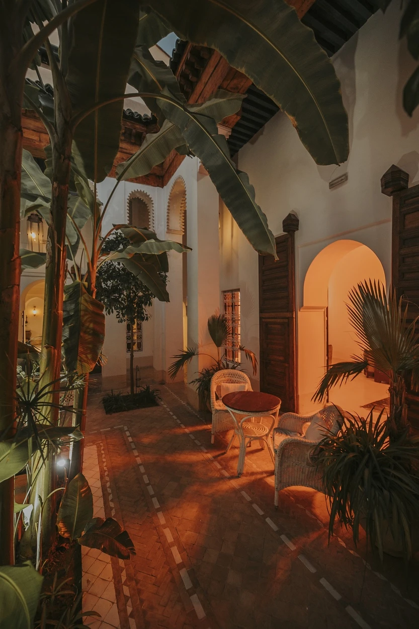 Patio éclairé à la nuit tombée entre les bananiers